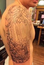 მარტივი ხაზის tattoo ბიჭის მკლავი ლანდშაფტის tattoo სურათზე