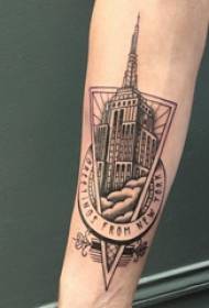Building tattoo boy's arm on triangle and building tattoo picture
