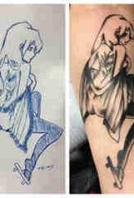 Braço de estudante do sexo masculino tatuagem personagem de desenho animado