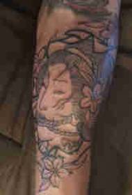 Character portrait tattoo boy's arm on flower and geisha tattoo picture