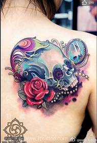 Female back color skull feather rose tattoo picture