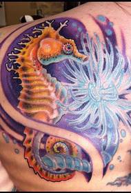 Selja tätoveeringu muster: armas hipokampuse tätoveering seljal
