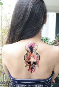 Woman's back color skull rose tattoo tattoo picture