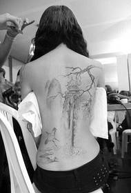 Menina de volta preto e branco estilo chinês paisagem tatuagem fotos