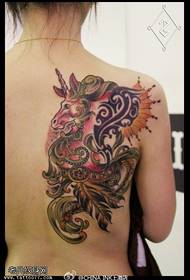Женски гръб цветна еднорог татуировка модел