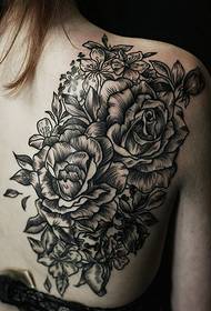 female back beautiful black and white rose tattoo picture