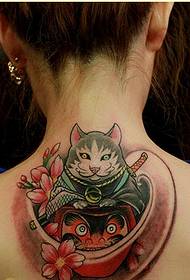 character female back beautiful pretty colorful lucky cat tattoo picture