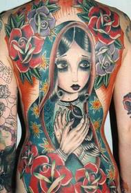 经典女性满背彩色套头娃娃纹身图案图片