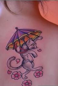 kaķu raksts ar lietussargu un ķiršu ziedu krāsu tetovējuma attēlu