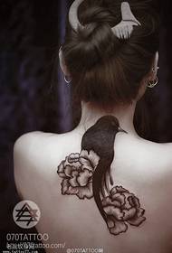 damskie plecy cała czarna piwonia Wzór tatuażu Flower crow