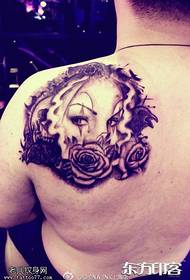 Back black gray girl rose tattoo pattern