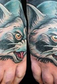 Hand back color cartoon evil wolf and cat tattoo pattern