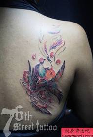 लड़की की पीठ पर रंगीन पक्षी टैटू के साथ सुंदर लड़की
