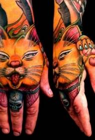 Rankos iliustracijos stiliaus spalvos katės ir kaukolės tatuiruotės modelis