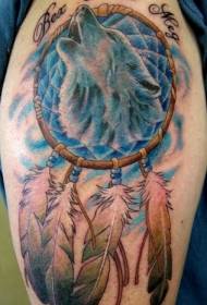 Big arm colored wolf head with dream catcher tattoo pattern