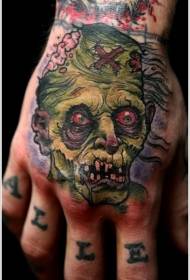 Жаласны зялёны малюнак татуіроўкі зомбі на задняй частцы рукі