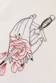 Mano creativa de línea negra roja con manuscrito de tatuaje de daga rosa