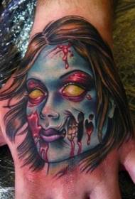 Mano atrás color retrato zombie girl tatuaje patrón