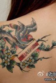 The popular cherry blossom little swallow tattoo pattern on the back of girls