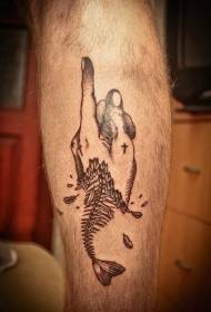 Blauzdos siurrealizmo stiliaus juodos rankos kojos ir žuvies skeleto tatuiruotės modelis
