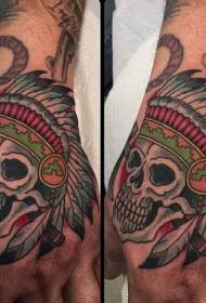 Mano indietro vecchio stile stilizzato colorato teschio indiano tatuaggio