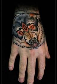 Hand back color old school style mysterious devil wolf tattoo