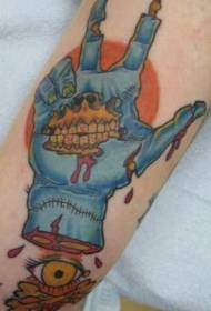 Blått zombie hånd- og øye-tatoveringsmønster