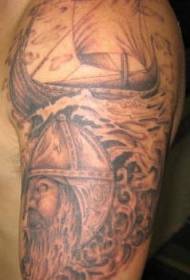 Spalla marrone vichinga barca e guerriero tatuaggio immagine