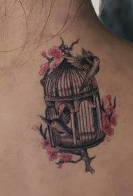 Girl back bird bird cage tattoo patroon