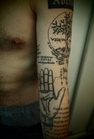 Arm science style black letter hand and lonely tree tattoo pattern