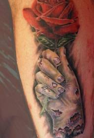 Leg color realistic zombie hand with rose tattoo pattern