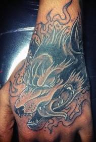 Mână înapoi cap gri de lup cu model de tatuaj fum