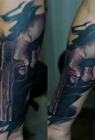 Arm amazing color realistic style hand held pistol tattoo