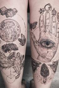 手和眼紋身圖案的神秘雕刻風格黑蘑菇