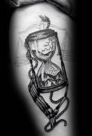 Svart timglas med skelett hand och rep tatuering mönster