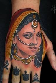 Hand terug gekleurde hindoe vrou portret tatoeëermerk