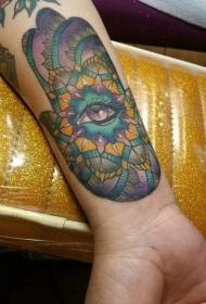 Braccio incredibile e misterioso tatuaggio Hamsa multicolore