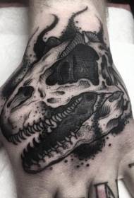 Hand back engraving style black dinosaur skull tattoo pattern