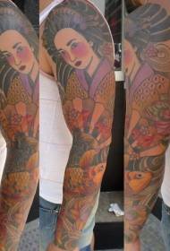Miespuolinen käsivarren maalattu geisha- ja kalmaritatuointikuvio