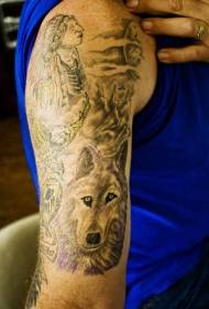 Плече сірий вовк і індійський чоловік татуювання візерунок