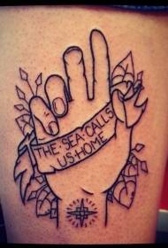 Thigh black line hand lettered with rose tattoo pattern