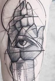 Schooljongen arm op zwarte schets abstracte lijnen ogen en hand tattoo foto's