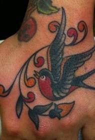 Rokas atpakaļ vecās skolas krāsas putns ar lapām tetovējums raksts