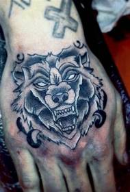 Hand-back simple design of black gray evil monster wolf tattoo pattern