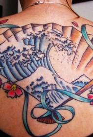 Ventilador de mano Big Wave de color de fondo con patrón de tatuaje de flores