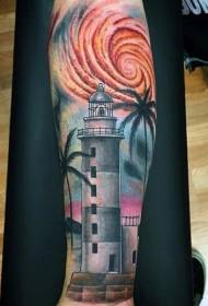 Pieni käsivarsi kaunis värillinen majakka palmu tatuointikuviolla