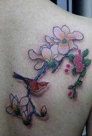Girl back magpie plum tatoveringsmønster