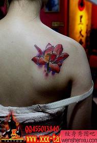 Un bellu mudellu di tatuaggi di lotus di culore in u spinu di una ragazza