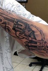 Gagmay nga bukton itom nga grey style kataw-anan nga bukton nga skeleton nga adunay sumbanan sa tattoo sa pistol