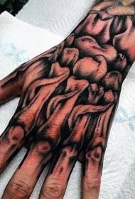 رماد أسود نمط الهيكل العظمي نمط الوشم البشري على الجزء الخلفي من اليد